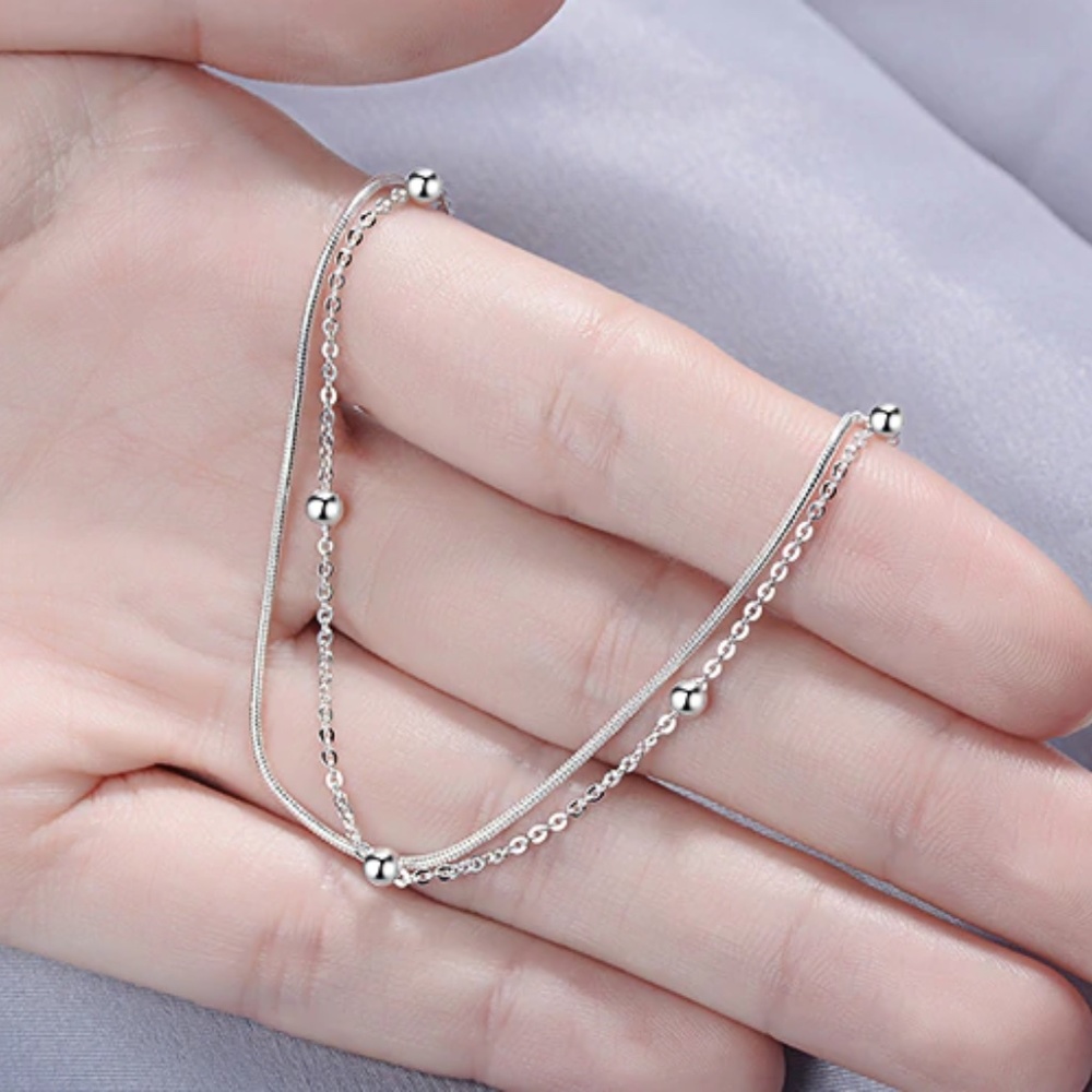Sterling Silver Double Strand Snake Chain Bracelet - Picture 8 of 11